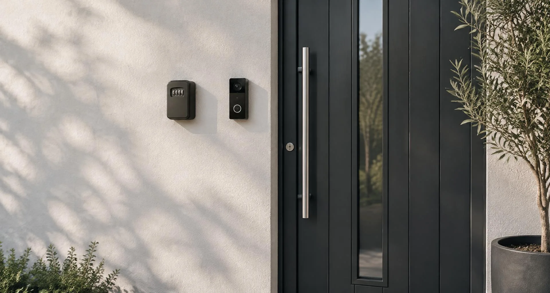 Modern front door with a wall-mounted key safe and video doorbell