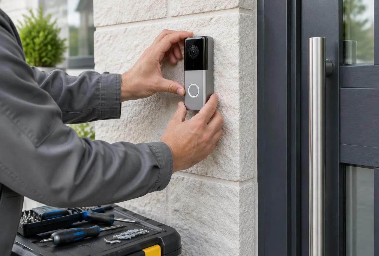 Close-up of a technician fitting a video doorbell